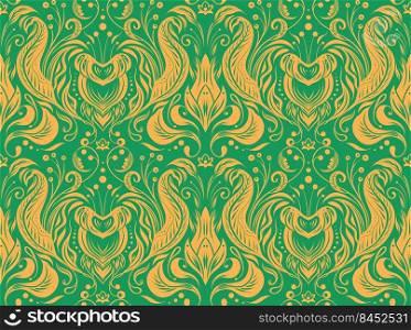Vector seamless pattern with silhouetted Victorian ornament. Vintage damask in yellow and green tones. Floral texture with foliage and swirls for wallpapers and fabrics. Vector seamless pattern with silhouetted Victorian ornament. Vintage damask in yellow and green tones. Floral texture