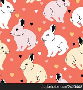 Vector seamless pattern with sitting rabbits and hearts on a pink background
