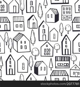 Vector seamless pattern with small houses on white background.. Cute houses. Vector pattern.