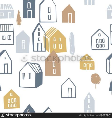Vector seamless pattern with small houses on white background.. Cute houses. Vector pattern.