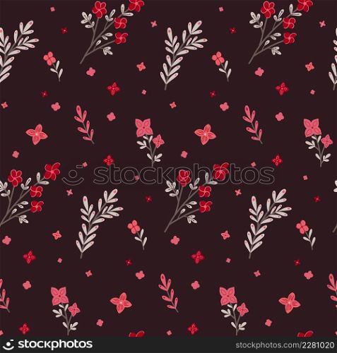 Vector seamless pattern with small pink flowers and stems with foliage on dark background. Natural texture with sakura branches. Floral wallpaper. Delicate hand drawn cartoon ditsy fabric