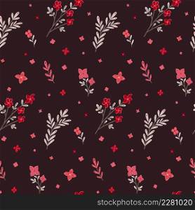 Vector seamless pattern with small pink flowers and stems with foliage on dark background. Natural texture with sakura branches. Floral wallpaper. Delicate hand drawn cartoon ditsy fabric