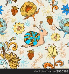 Vector seamless pattern with snail and flowers