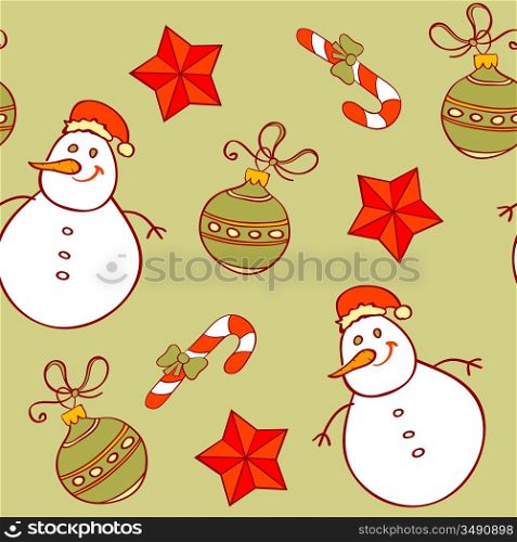 vector seamless pattern with snowman and Christmas decorations