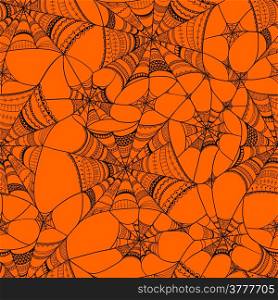 Vector seamless pattern with spider web on orange, black seamless spider web in swatch menu