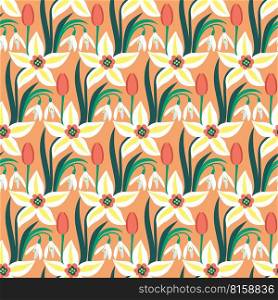 Vector seamless pattern with spring flowers daffodils, tulips and snowdrops.