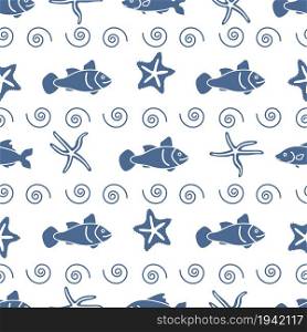 Vector seamless pattern with starfish and fish. Marine background. Design for banner, poster or print.