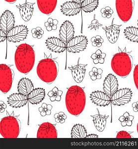 Vector seamless pattern with strawberry. Fruits, flowers, leaves. . Strawberry. Fruits, flowers, leaves.