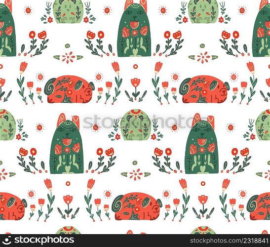 Vector seamless pattern with stylized dogs with folk ornaments and floral ornaments. Animalistic texture with various pet with a tribal boho decorations and polka dot on white background