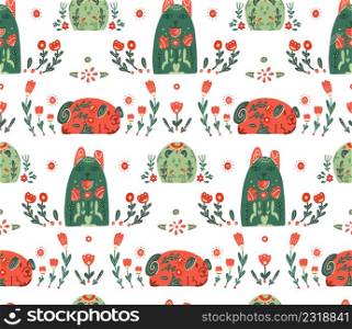 Vector seamless pattern with stylized dogs with folk ornaments and floral ornaments. Animalistic texture with various pet with a tribal boho decorations and polka dot on white background
