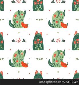 Vector seamless pattern with stylized dogs with folk ornaments and natural decorations. Animalistic texture with various pet with a tribal boho decorations and polka dot.. Vector seamless pattern with stylized dogs with folk ornaments and natural decorations. Animalistic texture with various pet