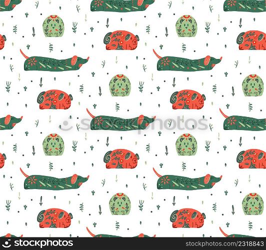 Vector seamless pattern with stylized dogs with folk ornaments and natural decorations. Pug, dachshund and chihuahua. Animalistic texture with various pet with a tribal boho decorations and polka dot.. Vector seamless pattern with stylized dogs with folk ornaments and natural decorations. Pug, dachshund and chihuahua.