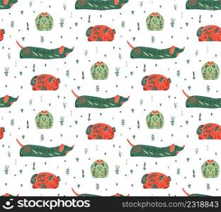Vector seamless pattern with stylized dogs with folk ornaments and natural decorations. Pug, dachshund and chihuahua. Animalistic texture with various pet with a tribal boho decorations and polka dot.. Vector seamless pattern with stylized dogs with folk ornaments and natural decorations. Pug, dachshund and chihuahua.