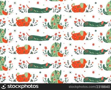 Vector seamless pattern with stylized dogs with folk ornaments and natural decorations. Poodle and dachshund. Animal family. Animalistic texture with various pet with boho decorations and polka dot.. Vector seamless pattern with stylized dogs with folk ornaments and natural decorations. Poodle and dachshund. Animal family.