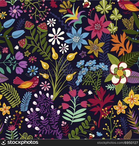 Vector seamless pattern with stylized flowers and plants. Bright botanical wallpaper. Many colorful flowers on the dark backdrop. Vector seamless pattern with stylized flowers and plants. Bright botanical wallpaper. Many colorful flowers on the dark blue backdrop