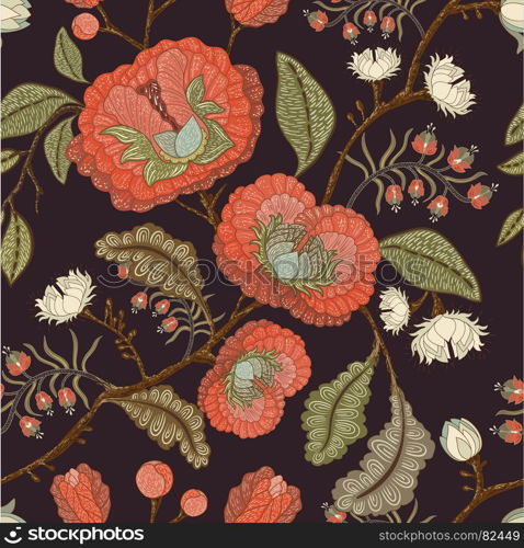 Vector seamless pattern with stylized flowers and plants. Decorative style. Hand drawn floral wallpaper. Floral backdrop. Vector seamless pattern with stylized flowers and plants. Decorative style. Hand drawn floral wallpaper. Floral backdrop for textile, web