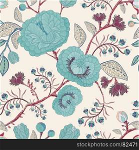 Vector seamless pattern with stylized flowers and plants. Decorative style. Hand drawn floral wallpaper. Floral backdrop for textile, web. Vector seamless pattern with stylized flowers and plants. Decorative style. Hand drawn floral wallpaper. Floral backdrop