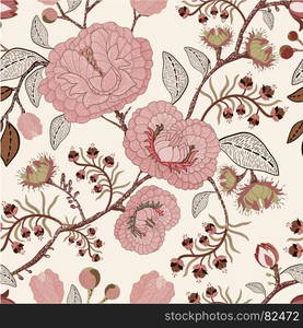 Vector seamless pattern with stylized flowers and plants. Decorative style. Hand drawn floral wallpaper. Floral backdrop for textile, web. Vector seamless pattern with stylized flowers and plants. Decorative style. Hand drawn floral wallpaper. Floral backdrop