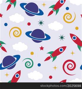 vector seamless pattern with stylized retro rocket ship in space, saturn planet, clouds, stars and spiral galactic constellations. seamless background for paper or textile decoration design