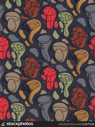 Vector seamless pattern with stylized sketches of poisonous mushrooms with color spots. Amanita and false mushrooms. Texture for wallpaper. Dark background with contour drawing of dangerous fungus. Vector seamless pattern with stylized sketches of poisonous mushrooms with color spots. Amanita and false mushrooms. Texture for wallpaper.