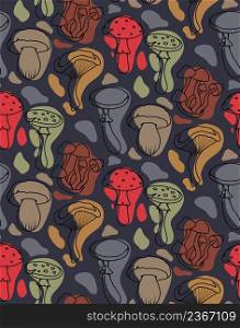 Vector seamless pattern with stylized sketches of poisonous mushrooms with color spots. Amanita and false mushrooms. Texture for wallpaper. Dark background with contour drawing of dangerous fungus. Vector seamless pattern with stylized sketches of poisonous mushrooms with color spots. Amanita and false mushrooms. Texture for wallpaper.