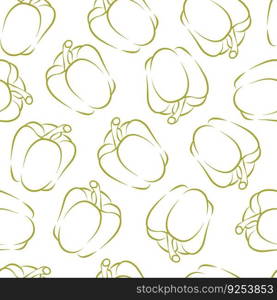 Vector seamless pattern with sweet Bulgarian pepper vegetable, cartoon flat isolated background wallpaper, doodle outline food drawing. Textile print. Fresh organic healthy farm plant.