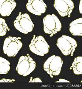 Vector seamless pattern with sweet Bulgarian pepper vegetable, cartoon isolated background wallpaper, doodle outline food drawing. Colorful wallpaper textile print. Fresh organic healthy farm plant.