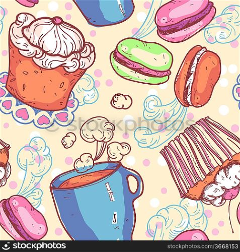 vector seamless pattern with sweets and cups of tea