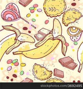 vector seamless pattern with sweets and fruits