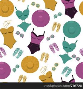 Vector seamless pattern with swimming suits, sunglasses, flip flops and hats. Flat style. Background for use in design, web site, packing, textile, fabric.
