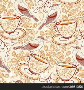 vector seamless pattern with tea cups, birds and berries in a vintage style