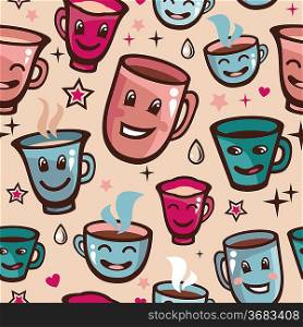 Vector seamless pattern with tea cups - cartoon background