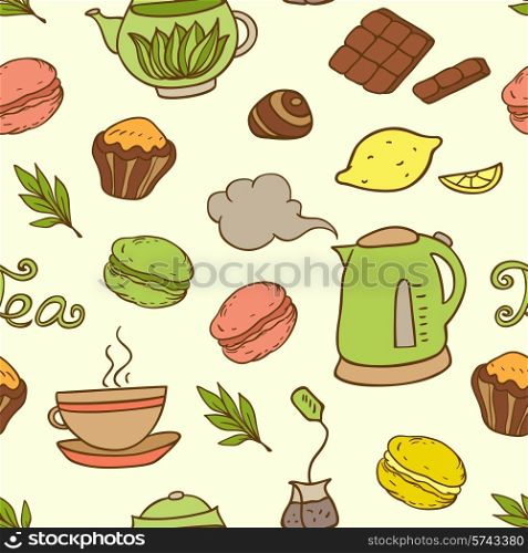 Vector seamless pattern with teapot and cakes