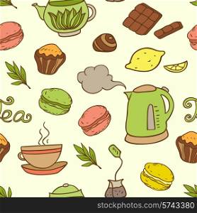Vector seamless pattern with teapot and cakes