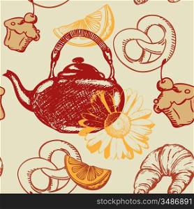 vector seamless pattern with teapot and fruits
