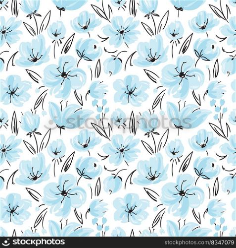 Vector seamless pattern with tender blue flowers in hand-drawn style. Floral elements, hand-drawing repeating background. Artistic background.. Vector seamless pattern with tender blue flowers in hand-drawn style.