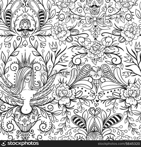 vector seamless pattern with the Sirin bird, vintage skulls and roses