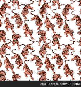 Vector seamless pattern with tigers. Hand drawing. Decorative background for design and decoration of fabric, home textiles, wallpapers, packages, covers and much more. Vector seamless pattern with tigers. Hand drawing. Decorative background for design and decoration