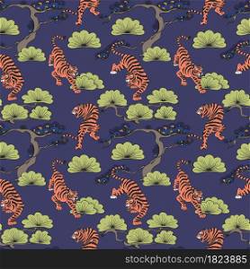 Vector seamless pattern with tigers in Japanese style. Hand drawing. Decorative background for design and decoration of fabric, home textiles, wallpapers, packages, covers and much more. Vector seamless pattern with tigers in Japanese style. Hand drawing. Decorative background for design