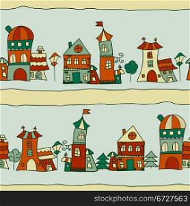 vector seamless pattern with town streets and small houses, trees, and lanterns, fully editable eps 8 file with clipping maks, pattern in swatch menu