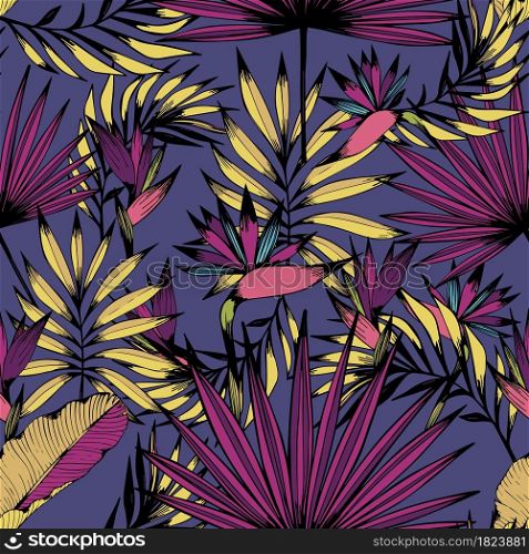 Vector seamless pattern with tropical flowers, leaves and branches. Decorative background for design and decoration of textiles, clothes, wallpapers, cases, covers, accessories and much more. Vector seamless pattern with tropical flowers, leaves and branches. Decorative background