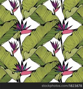 Vector seamless pattern with tropical leaves and flowers. Hand drawing. Decorative background for design of fabric, home textiles, clothes, accessories, wallpaper, curtains, covers, cases, packages. Vector seamless pattern with tropical leaves and flowers. Hand drawing. Decorative background for design