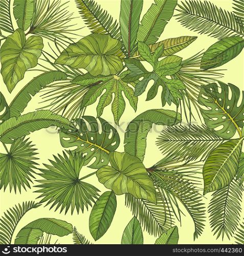 Vector seamless pattern with tropical leaves. Background with green leaf of palm illustration. Vector seamless pattern with tropical leaves