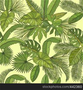 Vector seamless pattern with tropical leaves. Background with green leaf of palm illustration. Vector seamless pattern with tropical leaves