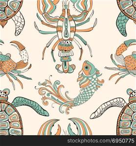 Vector seamless pattern with turtles, crabs, lobsters, and fishes. Retro vintage style.