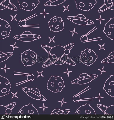 Vector seamless pattern with UFO, satellite, planets, stars. Space exploration. Astronomy. Science background.
