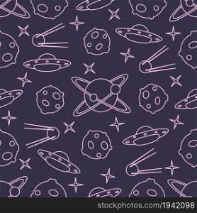 Vector seamless pattern with UFO, satellite, planets, stars. Space exploration. Astronomy. Science background.