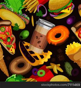 Vector seamless pattern with varied fast food. Against the background of dark brown color with fast food ingredients