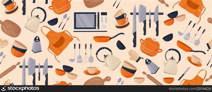 Vector seamless pattern with various kitchen accessories. Kitchen utensils. Pot, kettle, knives, plates, cups...