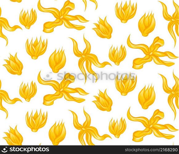 Vector seamless pattern with various tropical flowers ylang ylang on white background. Wallpaper with natural floral objects in flat hand drawn cartoon style. Tropical nature